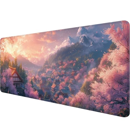 Anime Cherry Blossoms Gaming Mouse Pad Desk Pad 31.5 x 11.8 Inch Mountains Pink Sky Village Mousepad XL Large Gaming Mouse Pad Laptop Keyboard Mat Desk Pad Office Computer Keyboard Laptop Home - color: Anime Cherry Blossoms, size: 11.8W x 31.5L inches