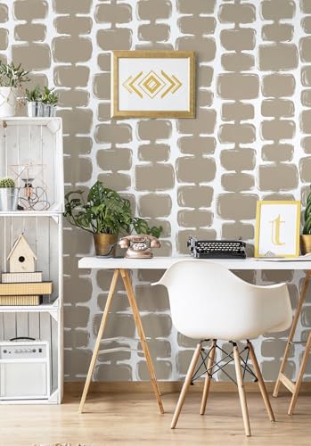 Safiyya 17.3"x393" Peel and Stick Wallpaper Mid Century Modern Abstract Contact Paper Geometric Wall Paper Self Adhesive Removable Wallpaper for Bathroom and Bedroom Vinyl, Light Brown and White - color: Light Brown and White, size: 17.3" x 393"