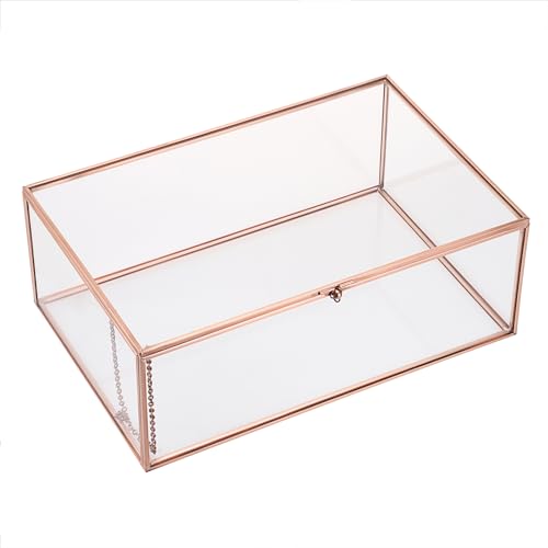 Hipiwe Vintage Glass Box with Lid - Rectangle Jewelry Display Box Vanity Lidded Box Glass Trinket Organizer Rose Golden Decorative Boxes for Keepsakes Perfume,X-Large - color: Rose Gold, size: X-Large