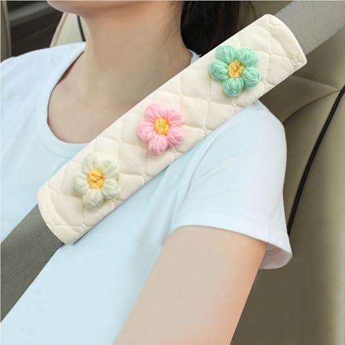 Amooca Soft Auto Seat Belt Cover Seatbelt Shoulder Pad Cushions 2 PCS for a More Comfortable Driving Universal Fit for All Cars and Backpack Off-White Knitted Flower (Green & Pink) - color: Green Pink White Flower