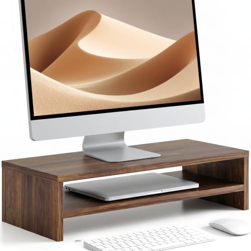 FITUEYES Monitor Stand - 2 Tier Computer Monitor Riser with 21.3 Inch Shelf, Wood Desktop Stand for Laptop Computer Screen, Desk Organization, Office Supplies - color: Brown, size: 21.3“