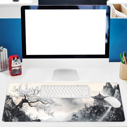 Japanese Mouse Pad Ink Landscape Mountain Pavilion Blossom Large Desk Mat Waterproof Stitched Edges Rubber Base Non-Slip Deskmap Computer Keyboard Mat 31.5 x 11.8 Desk Home Office Gaming - color: Japanese, size: 31.5" x 11.8"
