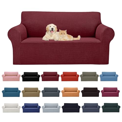 Cupuamon 2026 New Stretch Loveseat Sofa Slipcovers Couch Cover for 2 Cushion Furniture Protector Sofa Covers with Elastic Bottom Jacquard Fabric Small Checks for Pets, Kids - Dark Red - color: Dark Red, size: Loveseat