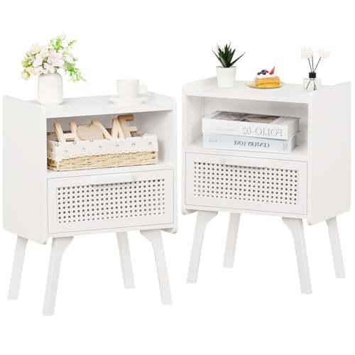 Lerliuo Rattan Nightstands Set of 2, Side Table with Drawer Open Shelf, Cane Accent Bedside End Table with Solid Wood Legs, Mid Century Modern Night Stand for Bedroom, Dorm and Small Spaces (White) - color: White, size: 2 pack