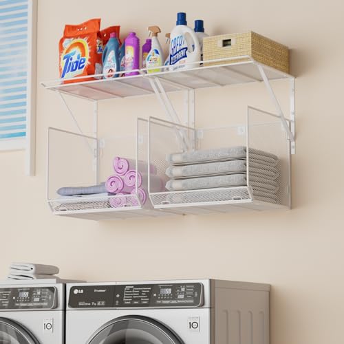 2 Pack Laundry Room Shelves Organization And Storage,Wall Mounted Clothes Drying Rack With Wire Mesh Basket Over Washer And Dryer,Large Capacity Floating Wall Shelf For Bathroom,Kitchen,Storeroom - color: White
