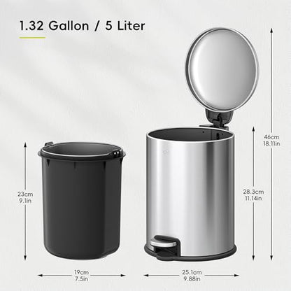 EKO Serene 5L / 1.32 Gallon Step Trash Can with Lid, Small Stainless Steel Round Garbage Can with Removable Inner Bucket, Compact Bin for Powder Rooms, Offices & Tight Bathroom Spaces. - color: Stainless Steel, size: 5L