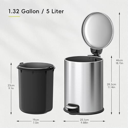 EKO Serene 5L / 1.32 Gallon Step Trash Can with Lid, Small Stainless Steel Round Garbage Can with Removable Inner Bucket, Compact Bin for Powder Rooms, Offices & Tight Bathroom Spaces. - color: Stainless Steel, size: 5L