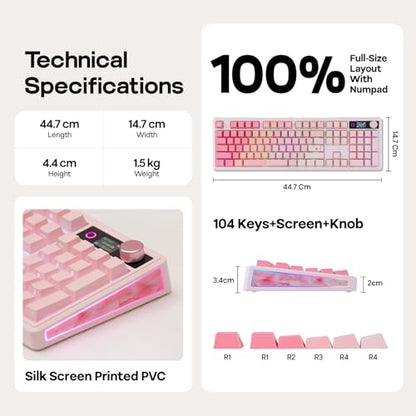 EPOMAKER TH108 V2 PRO Full Size Mechanical Keyboard with Screen&Knob, 10000mAh, BT/2.4Ghz, Mac Modifier PBT Keycap, Hot Swap, RGB, Gasket, Wireless Gaming Keyboard for Mac/PC (Pink, Sea Salt Silent) - color: Pink, size: Sea Salt Silent