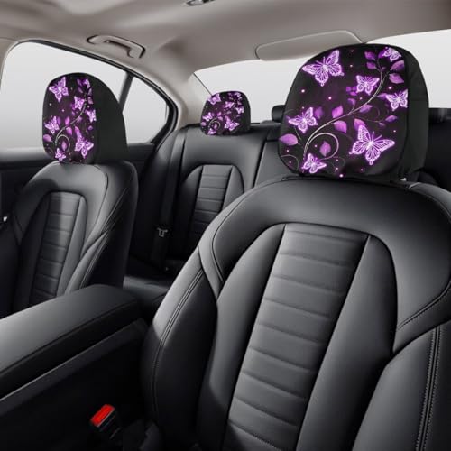 Butterfly Headrest Covers for Cars Stretchy Seat Head Rest Protector Set of 2 Pcs Car Seat Headrest Cover Replacement Dust Covers Elastic Pillow Covers,for Most Vans,Trucks - color: Butterfly purple