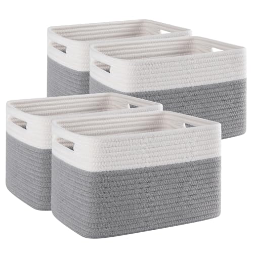 4 Pack Storage Baskets for Organizing, Woven Baskets for Shelves - Perfect for Toys, Books, Towels, and Clothes, Durable Gift Basket Bins Toy Storage, 12.7''L x9''W x7.8''H, Grey and White - color: Grey & White, size: Small/12.7''Lx9''Wx7.8''H