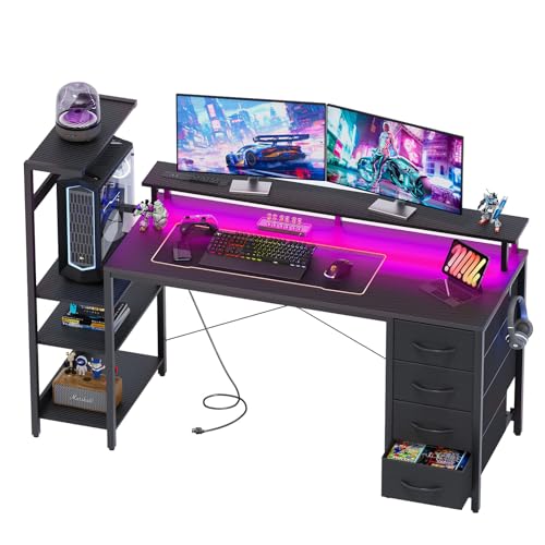 59 Inch Gaming Desk with Power Outlet and LED Lights, Computer Desk with 4 Drawers & Storage Shelves, Reversible Home Office Desk with Monitor Stand for Small Space Bedroom, Carbon Fiber Black - color: Black, size: 59 inch