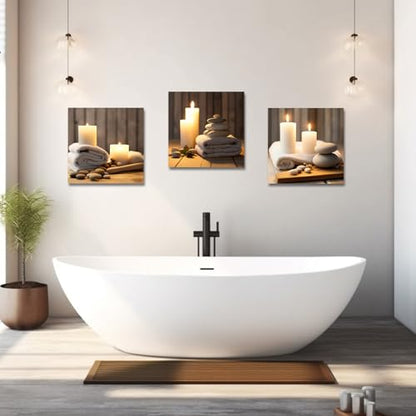LZIMU Zen Canvas Wall Art 3 Panels Stone Candle and Bath Towel Picture Prints for SPA Meditation Room Bathroom Decor Framed (Zen-1, 12"x12"x3P) - size: 12"x12"x3P