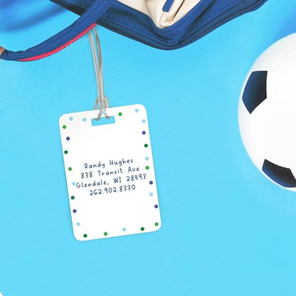 Personalized Blue Polka Dot Luggage Tag / 2.75" x 4" Custom Abstract Bag Tag/Double Sided Durable Plastic Luggage Tag with Plastic Strap/Made in The USA - style: Blue Dots