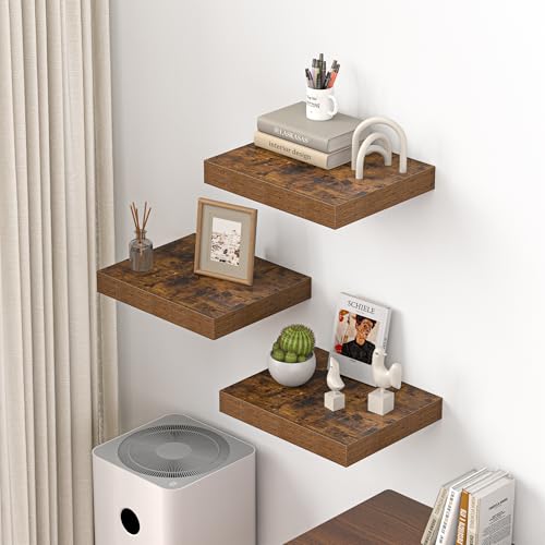 Dreamland 16" Floating Shelves for Wall, 12" Deep Thicker Floating Shelves, Wall-Mounted Shelves for Bedroom, Living Room, Kitchen, Bathroom,Rustic Brown - Set of 3 - color: Rustic Brown, size: 16"W x 12"D x 2"H, Set of 3