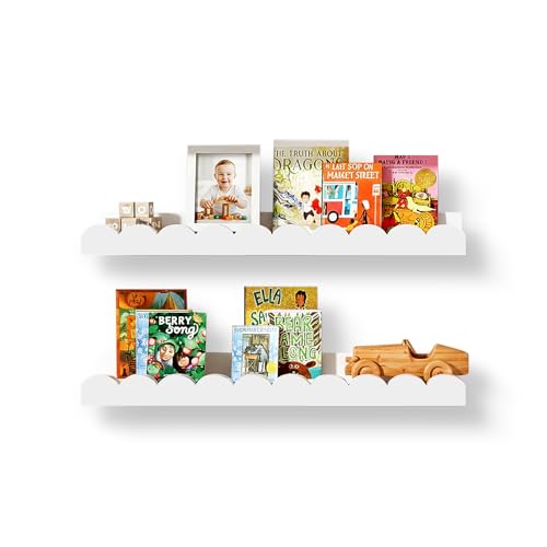 Nursery Floating Shelves for Kids Room, 2 Pack 23.6 Inch White Wall Shelves with Scalloped Edge, Kids Bookshelves for Toddler Bedroom, Playroom, Baby Nursery Decor - color: White, size: 2 Pack - 23.6 in x 4.7 in