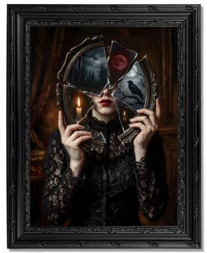 Gothic Broken Mirror Witch Framed Wall Art, Vintage Dark Aesthetic Raven Blood Moon Canvas Print with Ornate Black Carved Frame, Witchy Dark Academia Wall Decor for Bedroom Living Room Halloween - color: Broken Mirror, size: 24"L x 16"W