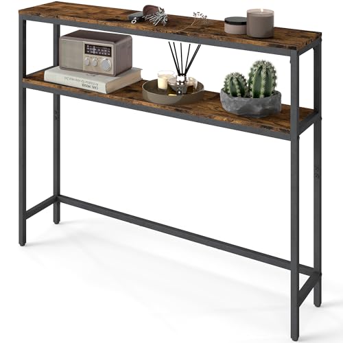 VASAGLE Console Table, 2-Tier Narrow Sofa Table with 2 Shelves, 7.9 x 39.4 x 31.5 Inches, for Living Room, Hallway, Entryway, Rustic Brown and Ink Black ULNT131K01V1 - color: Rustic Brown + Ink Black, size: 39.4"W - Without Power Outlet