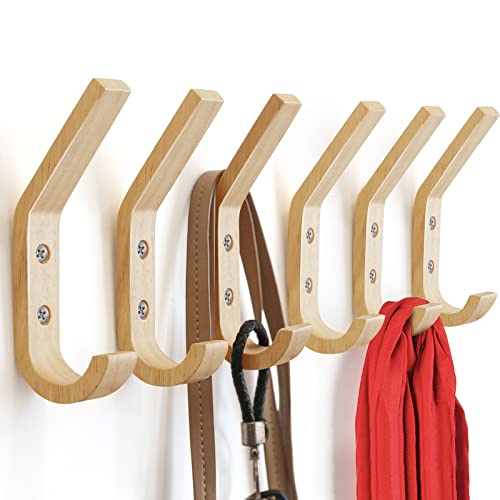 Wooden Coat Hooks Wall Hooks,Natural Oak Wood Hooks Decorative Vintage Wood Wall Hooks Organizer Heavy Duty Wall Mounted Hooks for Hanging Coats, Key, Cap, Cup (6 Pack)