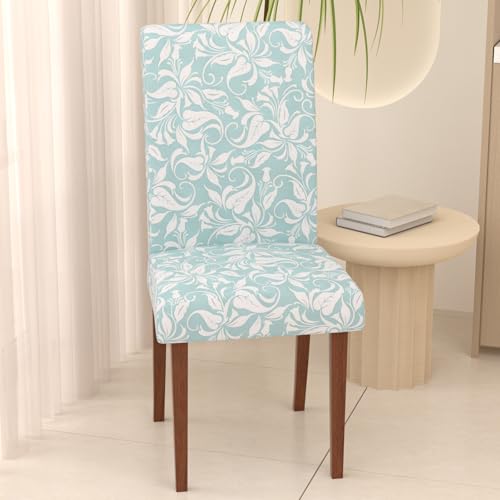 Stretch Dining Chair Covers Set of 2,Floral Print Chair Covers,Soft Removable Washable,Pet Friendly Furniture Protector,Universal Chair Slipcovers for Home, Kitchen,Ceremony Dining Room Seat - color: Light Blue Curly Leaf Pattern, size: 2PCS