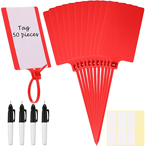 Pajean 50 Pieces Waterproof Plastic Tags with Marker Pens and Sticker Labels, Self Locking Bag Writable Tags with Wire Cable Ties for Luggage (Red) - color: Red