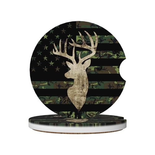Camouflage Deer American Flag Car Cup Holder Coasters 2 Pack Universal 2.63 Inch Anti Slip Ceramic Absorbent Coaster with Cork Base and Finger Notch Cute Car Accessories Interior for Women - color: Brown
