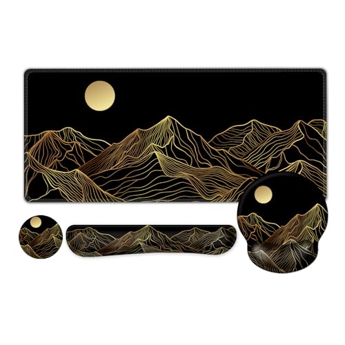 ARTSO Large Mouse Pad Keyboard Wrist Rest Combo, Ergonomic Mouse Pad with Wrist Support, Extended Non-Slip Desk Mat Protector, 4-in-1Set Desk Blotter for Office Home, Golden Sun Mountain - color: Golden Sun Mountain