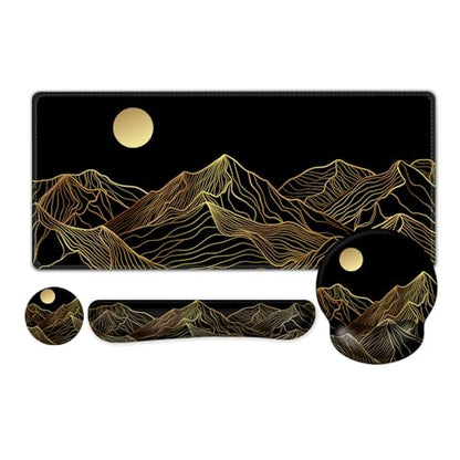 ARTSO Large Mouse Pad Keyboard Wrist Rest Combo, Ergonomic Mouse Pad with Wrist Support, Extended Non-Slip Desk Mat Protector, 4-in-1Set Desk Blotter for Office Home, Golden Sun Mountain - color: Golden Sun Mountain