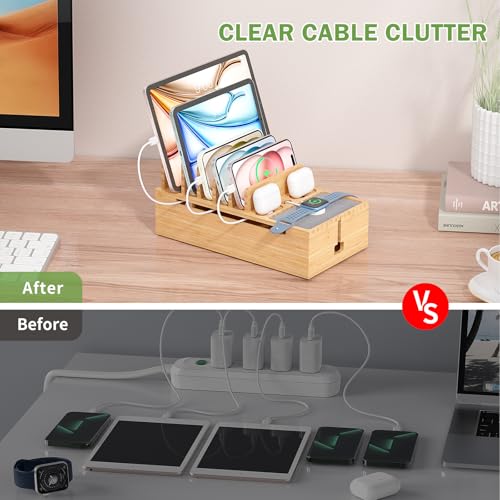 Pezin & Hulin Bamboo Charging Stand Rack, Wooden Charge Box for Mobile Phones, Tablets, Smart Watch and Earbuds, Wire Cable Organizer Box, Bedside Dock Stand Holder (NO Power Adapter Supply) -Natural - color: Natural (No Charger)