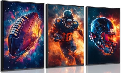 3Pcs Football Wall Art Graffiti Rugby Cool Sports Theme Pictures Paintings Wall Decor Fire American Football Player Posters Prints for Kids Boys Room School Locker Room Decoration 16x24in Unframed - color: Athlete Poster, size: 24L"x16W"