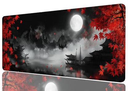 Maple Desk Mat Red Moonlit Chinese Landscape Night Mist Zen Mousepad XL Large Gaming Mouse Pad Laptop Keyboard Mat Desk Pad Great for Work-from-Home or Office Use 31.5x11.8 Inch - color: Maple