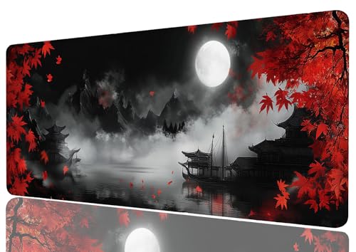 Maple Desk Mat Red Moonlit Chinese Landscape Night Mist Zen Mousepad XL Large Gaming Mouse Pad Laptop Keyboard Mat Desk Pad Great for Work-from-Home or Office Use 31.5x11.8 Inch - color: Maple