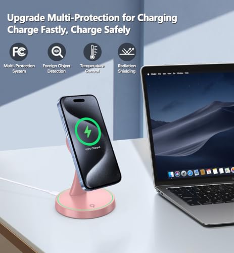 Magnetic Wireless Charger Stand 15W Fast Mag-Safe Charger for iPhone 17 /17 pro/ 17 Air/ 17 pro max 16/15/14/13/12 Series Magnet Wireless Charging Station/Pad with Sleep-Friendly Light for AirPods - color: Magneitc Purple