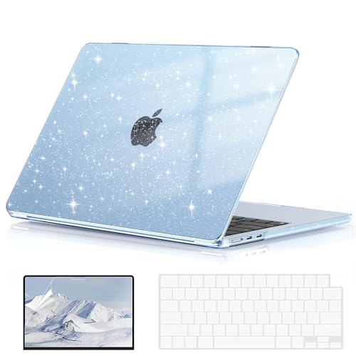 EooCoo Case Compatible with MacBook Air 13 inch M5 2026-2022 Release M4 M3 M2 A3449 A3240 A3113 A2681, Glitter Hard Shell&Keyboard Skin Cover&Screen Protector for Mac Air 13.6 inch, Sparkly SkyBlue - color: Glitter Skyblue