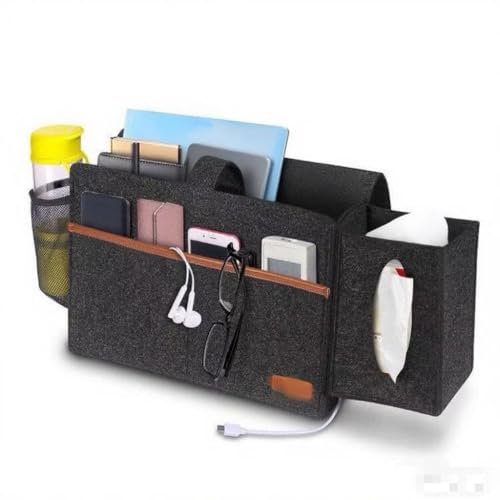 Bedside Caddy - Hanging Storage Pouch for Bedside, Couch, Dorm Room - Multi-Pocket Wall Mounted Felt Storage Organizer for Bedroom,With Tissue Box Cover Holde (Dark Gray) - color: Dark Gray
