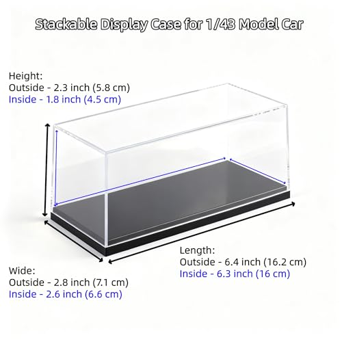 Model Car Display Case, 1:43 Scale Acrylic Display Box for Cars, Stackable Dustproof Storage Boxes for Collectibles, Figures and Memorabilia, 6.4 x 2.8 x 2.3 inch - size: 6.4 x 2.8 x 2.3 inch