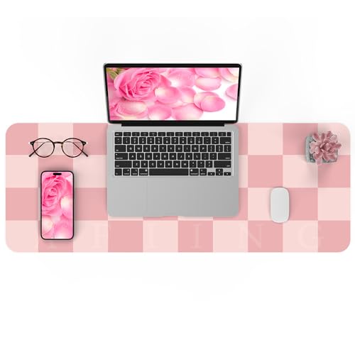 AFIING Pink Checkered Desk Mat, 31.5" x 12"，Waterproof PU Leather Desk pad | Non-Slip Rubber Base, Easy Clean Surface, Desk Protection, Office & Home - color: Pink