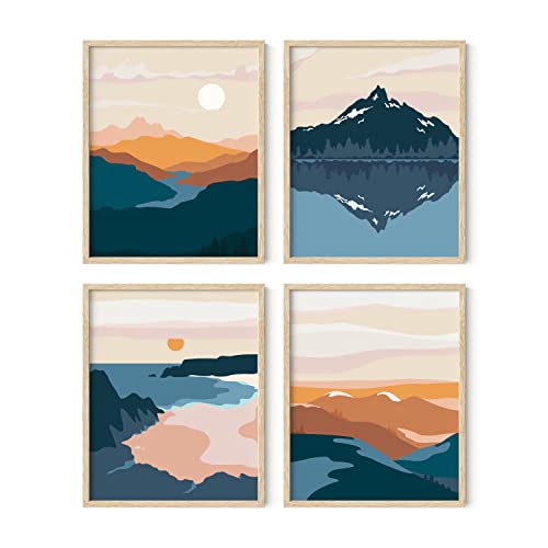 HAUS & HUES Nature Wall Art Prints Set of 4 - Landscape Mountain Decor, Mid Century Geometric Abstract Art, Adventure Décor (Beige Framed, 16x20) - color: Mid-century Mountain Landscape, size: 16x20, style: Beige Framed