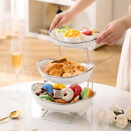 Gold Silver Fruit Bowl with Metal Stand, 3 Tier Ceramic White Fruit Bowl Fruit Rack for Kitchen Counter, Tiered Fruit Basket for Snacks Bread Candy Storage (White B (Smooth Surface)) - color: White B (Smooth Surface)