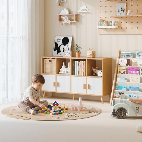 8-Cube Storage Organizer with Doors & 5 Solid Wood Legs, Mid-Century Modern Bookshelf with Seamless Top, Horizontal Cubby Toy Storage for Kids, Sideboard Media Console fits 11" Bins, Natural - color: Natural, size: 8-Cube with Door