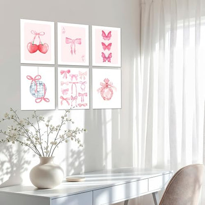 Isfvqyub Preppy Hot Pink Bow Wall Art, Aesthetic Coquette Butterfly Poster For Girl Women, Trendy Girly Cherry Disco Ball Wall Decor For Bedroom Dorm College Apartment, Set Of 6 -A10 - size: Hot Pink Butterfly