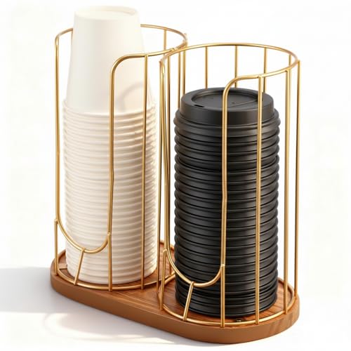 Geelin 18oz Adjustable Coffee Cup Dispenser with Wooden Base, Cup and Lid Holder, Cups Holder Organizer for Coffee Pod Straw and Lid Storage(2-compartment Single,Color 2) - color: Color 2, style: 2-Compartment Single