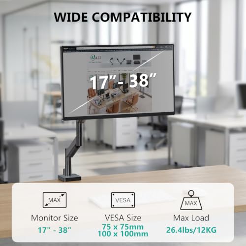 WALI Extra Long Single Monitor Arm for 17-38 inch Screens, up to 26.4 lbs | Tall Monitor Desk Mount, Full Motion with Tilt, Swivel, Rotation, C-Clamp/Grommet Base, VESA 75/100mm (GSMP001L), Black - size: 17" to 38"