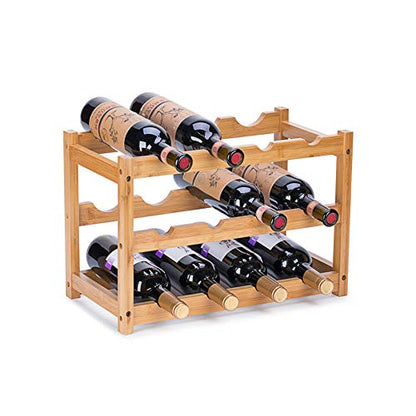 Wine Rack, Natural Bamboo Storage Rack Freestanding Countertop Stackable Display Shelf Wine Bottle Holder (3-Tiers 12-Bottles) - size: 3-Tiers 12-Bottles