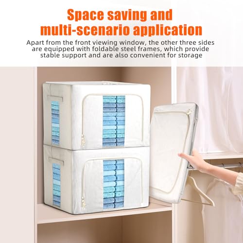 Foldable Clothes Storage Bins with Solid core powder-coated steel fram, 24/ 66L Storage Bags Fabric Box Organizer with Clear Window Zippers Sturdy Handles 2 Pack (Beige, 66L 1Pack) - size: 66L 1Pack