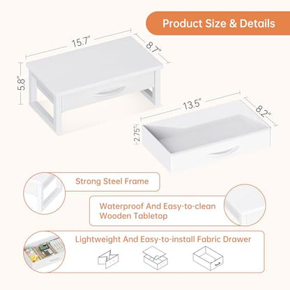 Desk Organizers and Accessories, Computer Monitor Stand Riser with Drawer, White Laptop Stand for Desk with Storage, Office Organization, Wood