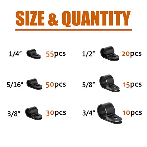 ISPINNER 180pcs Nylon Plastic R-Type Cable Clamps, 1/4" 5/16" 3/8" 1/2" 5/8" 3/4" Clips Fasteners Assortment Kit for Cable Conduit (Black) - color: Black