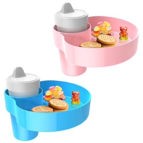 2 Pack Car Seat Cup Holder Snack Tray: Travel Tray for Kids Car Seat Food Tray for Kids Travel, Toddler Carseat Eating Plate Table, Kid Road Trip Table Essentials Accessories, Pink+Light Blue - color: Pink+Light Blue(2Pack)