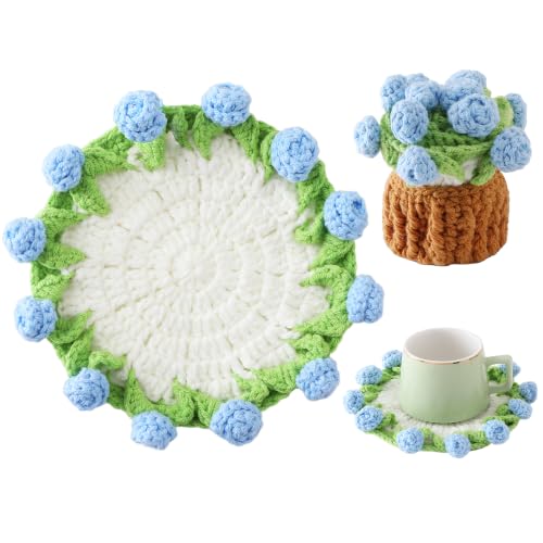 Flower Crochet Coasters, Handmade Bouquet Blanket Coaster with Crochet Plant Pot Fun Soft Decorative Drink Coasters for Coffee Tabletop Protection and Home Decor (Light Blue, 1Pc) - color: Light Blue, size: 1Pc