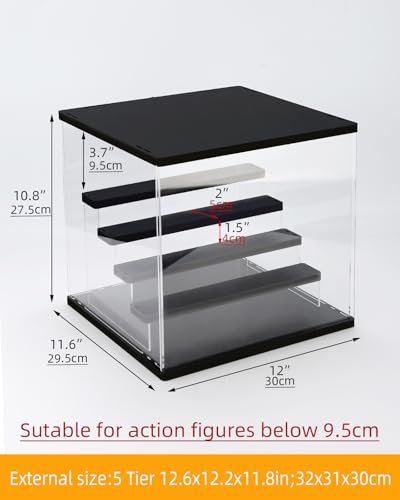 Clear Acrylic Display Case with Light , 5 Tier Display Box Stand Assembly Dustproof Protection Showcase for Collectibles Action Figures (Black 12.6×12.2×11.8in; 32×31×30cm) - color: Black With Light, size: 5 Tier 12.6×12.2×11.8in; 32×31×30cm