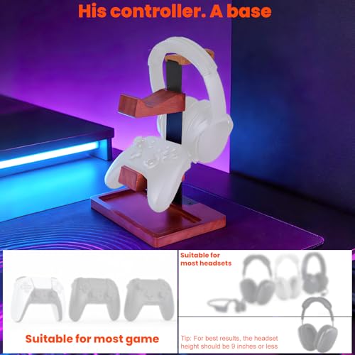 Solid Wood Game Controller Stand & Headphone Holder, Dual Controller Organizer for Xbox Switch Headset Gaming Equipment Stuff Desk Accessories Room Decor for Son Husband Boyfriend